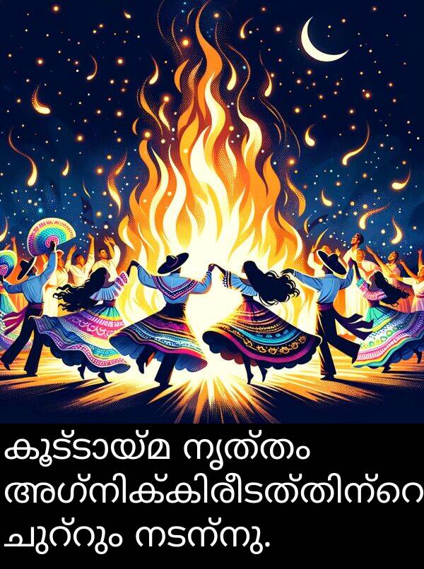 നടന്നു: കൂട്ടായ്മ നൃത്തം അഗ്നിക്കിരീടത്തിന്റെ ചുറ്റും നടന്നു.