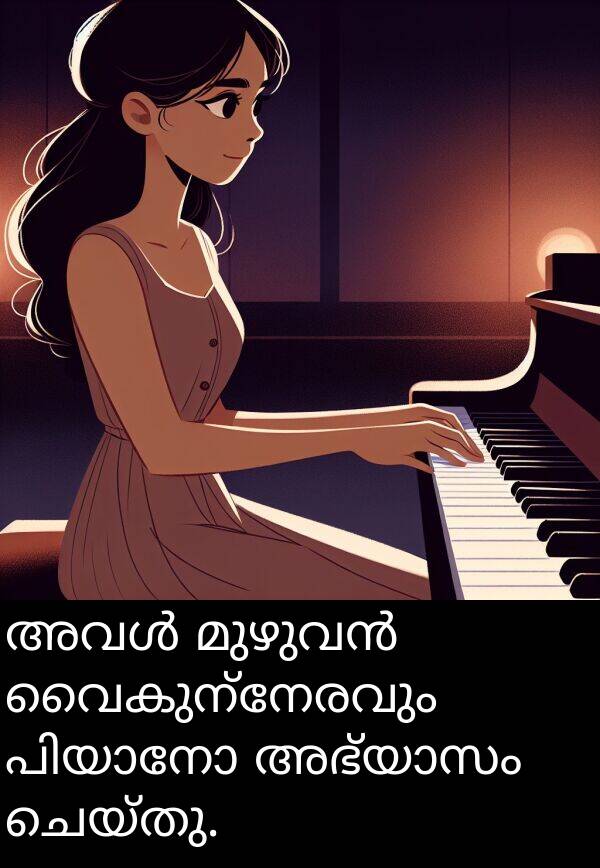 ചെയ്തു: അവൾ മുഴുവൻ വൈകുന്നേരവും പിയാനോ അഭ്യാസം ചെയ്തു.