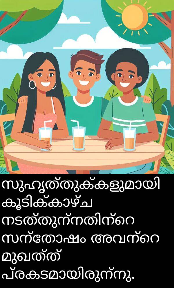 സന്തോഷം: സുഹൃത്തുക്കളുമായി കൂടിക്കാഴ്ച നടത്തുന്നതിന്റെ സന്തോഷം അവന്റെ മുഖത്ത് പ്രകടമായിരുന്നു.