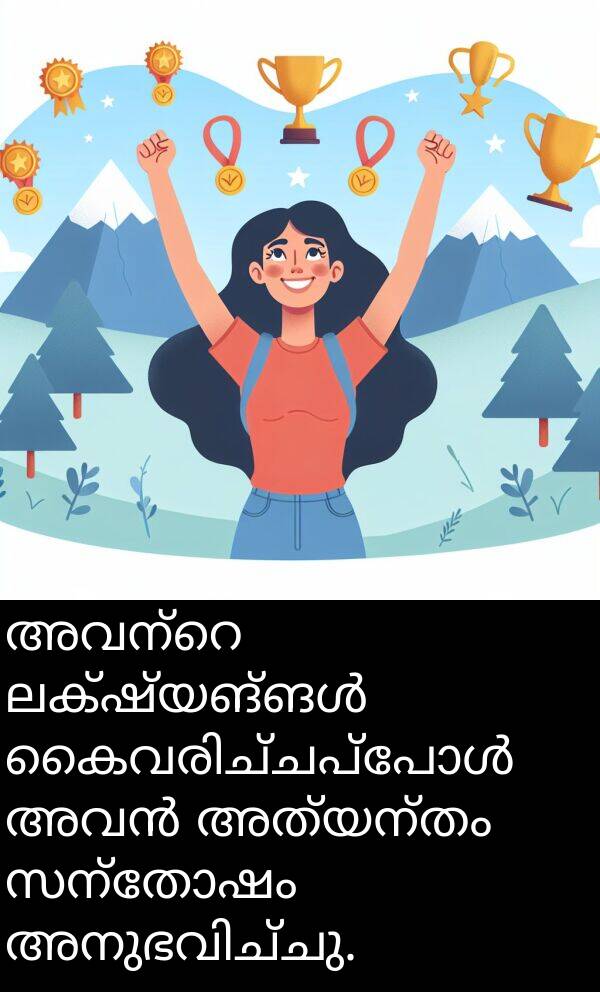 സന്തോഷം: അവന്റെ ലക്ഷ്യങ്ങൾ കൈവരിച്ചപ്പോൾ അവൻ അത്യന്തം സന്തോഷം അനുഭവിച്ചു.