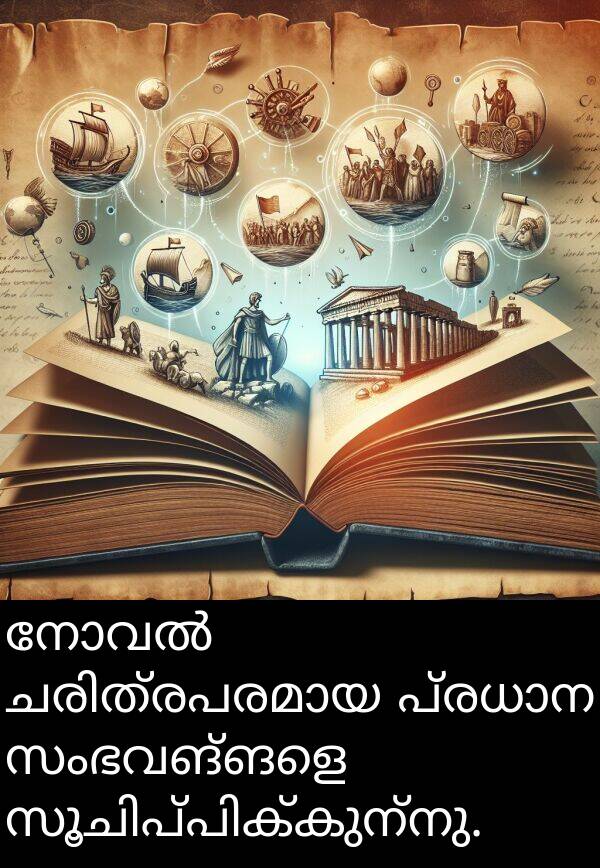 സംഭവങ്ങളെ: നോവൽ ചരിത്രപരമായ പ്രധാന സംഭവങ്ങളെ സൂചിപ്പിക്കുന്നു.