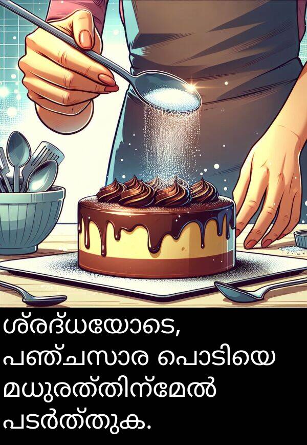 ശ്രദ്ധയോടെ: ശ്രദ്ധയോടെ, പഞ്ചസാര പൊടിയെ മധുരത്തിന്മേൽ പടർത്തുക.