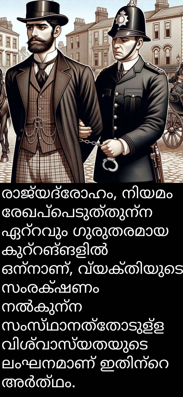 സംരക്ഷണം: രാജ്യദ്രോഹം, നിയമം രേഖപ്പെടുത്തുന്ന ഏറ്റവും ഗുരുതരമായ കുറ്റങ്ങളിൽ ഒന്നാണ്, വ്യക്തിയുടെ സംരക്ഷണം നൽകുന്ന സംസ്ഥാനത്തോടുള്ള വിശ്വാസ്യതയുടെ ലംഘനമാണ് ഇതിന്റെ അർത്ഥം.