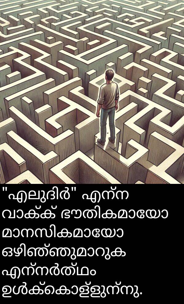 എന്ന: "എലുദിർ" എന്ന വാക്ക് ഭൗതികമായോ മാനസികമായോ ഒഴിഞ്ഞുമാറുക എന്നർത്ഥം ഉൾക്കൊള്ളുന്നു.
