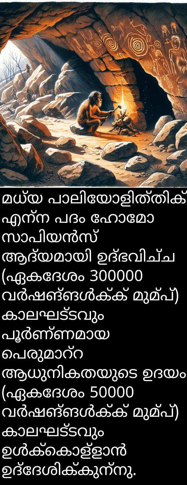 എന്ന: മധ്യ പാലിയോളിത്തിക് എന്ന പദം ഹോമോ സാപിയൻസ് ആദ്യമായി ഉദ്ഭവിച്ച (ഏകദേശം 300000 വർഷങ്ങൾക്ക് മുമ്പ്) കാലഘട്ടവും പൂർണ്ണമായ പെരുമാറ്റ ആധുനികതയുടെ ഉദയം (ഏകദേശം 50000 വർഷങ്ങൾക്ക് മുമ്പ്) കാലഘട്ടവും ഉൾക്കൊള്ളാൻ ഉദ്ദേശിക്കുന്നു.