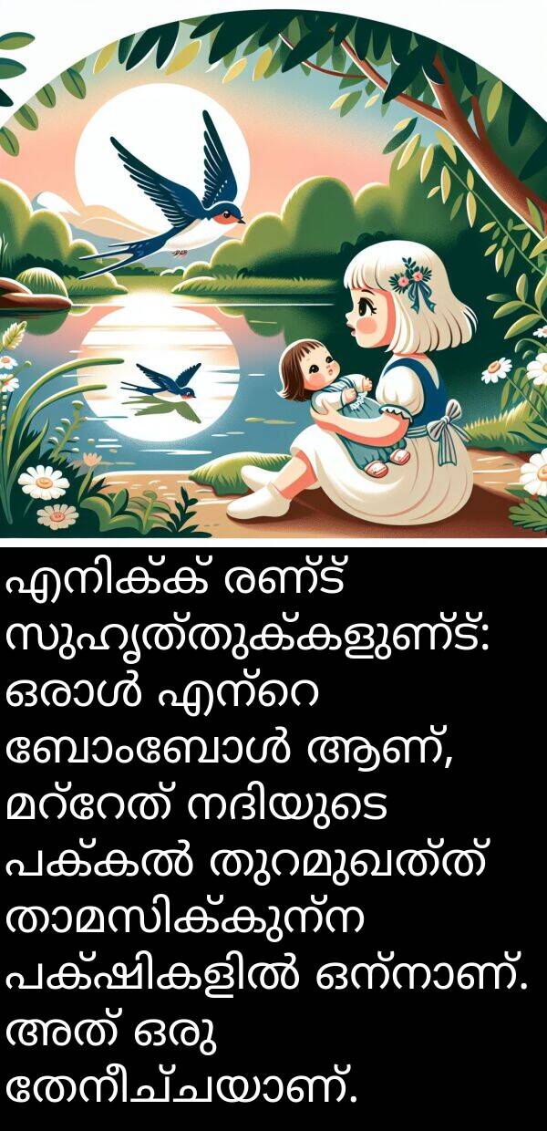 രണ്ട്: എനിക്ക് രണ്ട് സുഹൃത്തുക്കളുണ്ട്: ഒരാൾ എന്റെ ബോംബോൾ ആണ്, മറ്റേത് നദിയുടെ പക്കൽ തുറമുഖത്ത് താമസിക്കുന്ന പക്ഷികളിൽ ഒന്നാണ്. അത് ഒരു തേനീച്ചയാണ്.