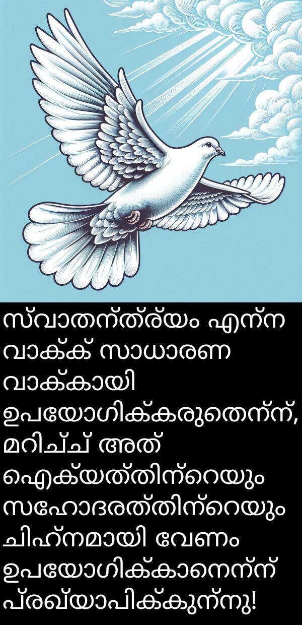 വേണം: സ്വാതന്ത്ര്യം എന്ന വാക്ക് സാധാരണ വാക്കായി ഉപയോഗിക്കരുതെന്ന്, മറിച്ച് അത് ഐക്യത്തിന്റെയും സഹോദരത്തിന്റെയും ചിഹ്നമായി വേണം ഉപയോഗിക്കാനെന്ന് പ്രഖ്യാപിക്കുന്നു!