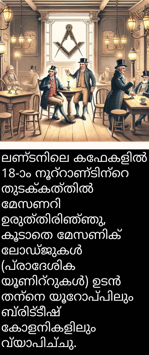 തന്നെ: ലണ്ടനിലെ കഫേകളിൽ 18-ാം നൂറ്റാണ്ടിന്റെ തുടക്കത്തിൽ മേസണറി ഉരുത്തിരിഞ്ഞു, കൂടാതെ മേസണിക് ലോഡ്ജുകൾ (പ്രാദേശിക യൂണിറ്റുകൾ) ഉടൻ തന്നെ യൂറോപ്പിലും ബ്രിട്ടീഷ് കോളനികളിലും വ്യാപിച്ചു.