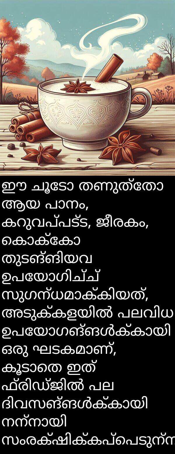 ജീരകം: ഈ ചൂടോ തണുത്തോ ആയ പാനം, കറുവപ്പട്ട, ജീരകം, കൊക്കോ തുടങ്ങിയവ ഉപയോഗിച്ച് സുഗന്ധമാക്കിയത്, അടുക്കളയിൽ പലവിധ ഉപയോഗങ്ങൾക്കായി ഒരു ഘടകമാണ്, കൂടാതെ ഇത് ഫ്രിഡ്ജിൽ പല ദിവസങ്ങൾക്കായി നന്നായി സംരക്ഷിക്കപ്പെടുന്നു.