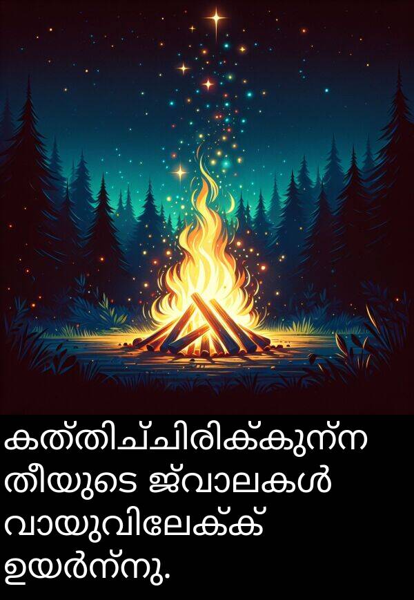 തീയുടെ: കത്തിച്ചിരിക്കുന്ന തീയുടെ ജ്വാലകൾ വായുവിലേക്ക് ഉയർന്നു.