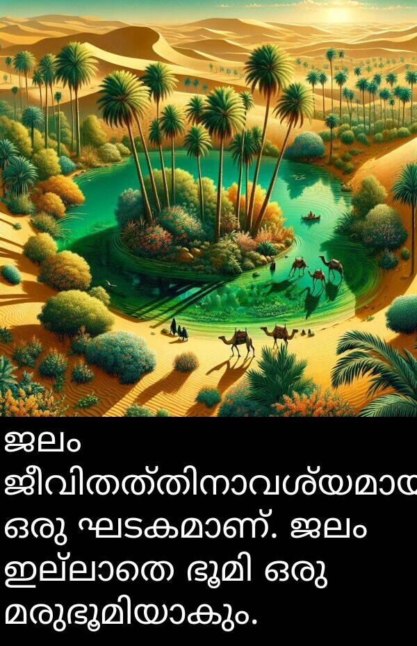 ജലം: ജലം ജീവിതത്തിനാവശ്യമായ ഒരു ഘടകമാണ്. ജലം ഇല്ലാതെ ഭൂമി ഒരു മരുഭൂമിയാകും.