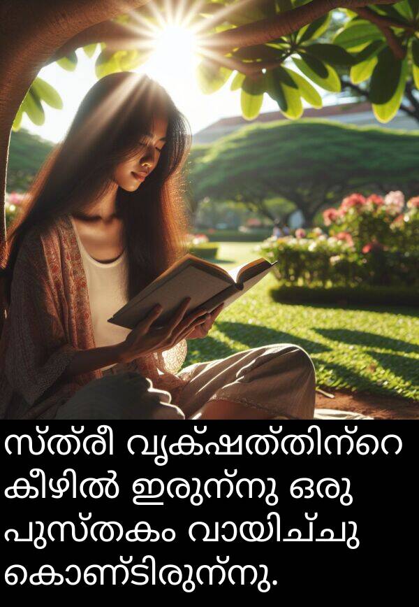 സ്ത്രീ: സ്ത്രീ വൃക്ഷത്തിന്റെ കീഴിൽ ഇരുന്നു ഒരു പുസ്തകം വായിച്ചു കൊണ്ടിരുന്നു.