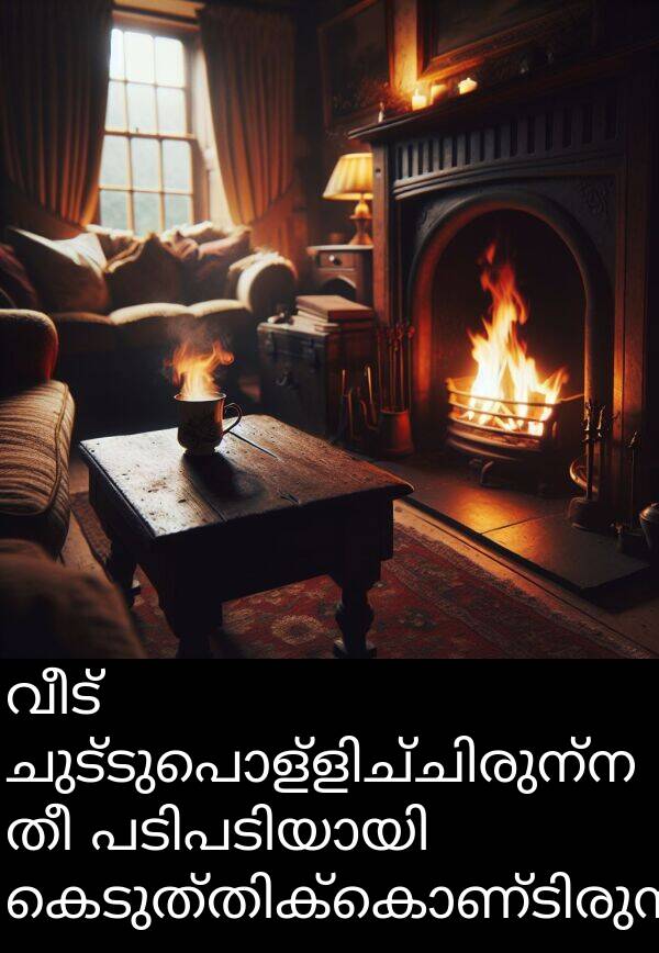 വീട്: വീട് ചുട്ടുപൊള്ളിച്ചിരുന്ന തീ പടിപടിയായി കെടുത്തിക്കൊണ്ടിരുന്നു.