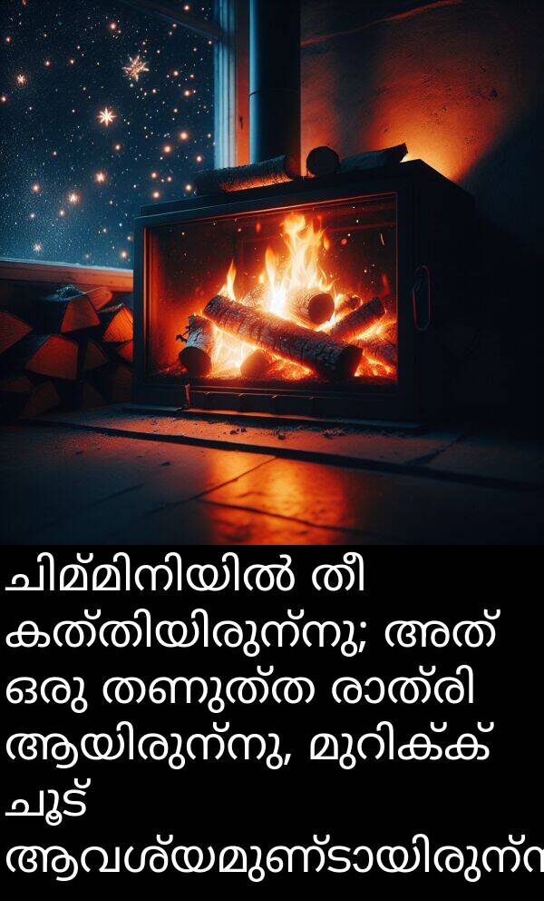 ചൂട്: ചിമ്മിനിയിൽ തീ കത്തിയിരുന്നു; അത് ഒരു തണുത്ത രാത്രി ആയിരുന്നു, മുറിക്ക് ചൂട് ആവശ്യമുണ്ടായിരുന്നു.