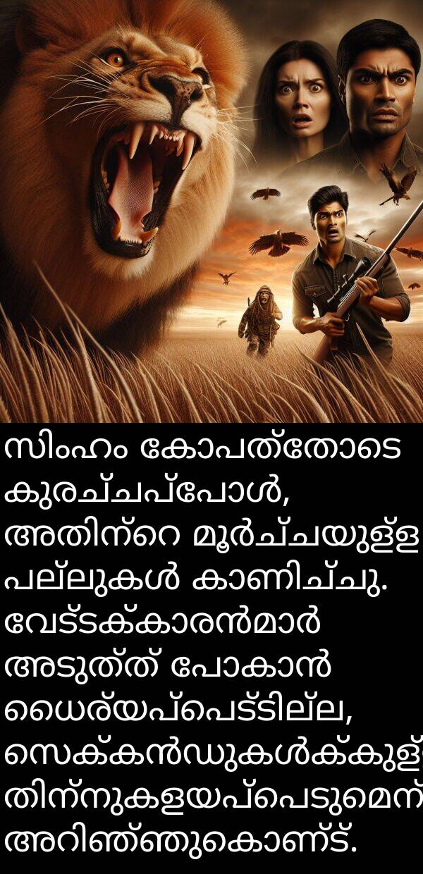 അടുത്ത്: സിംഹം കോപത്തോടെ കുരച്ചപ്പോൾ, അതിന്റെ മൂർച്ചയുള്ള പല്ലുകൾ കാണിച്ചു. വേട്ടക്കാരൻമാർ അടുത്ത് പോകാൻ ധൈര്യപ്പെട്ടില്ല, സെക്കൻഡുകൾക്കുള്ളിൽ തിന്നുകളയപ്പെടുമെന്ന് അറിഞ്ഞുകൊണ്ട്.