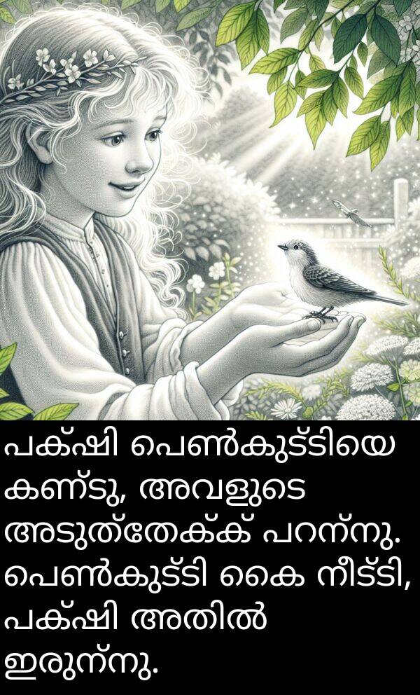 അടുത്തേക്ക്: പക്ഷി പെൺകുട്ടിയെ കണ്ടു, അവളുടെ അടുത്തേക്ക് പറന്നു. പെൺകുട്ടി കൈ നീട്ടി, പക്ഷി അതിൽ ഇരുന്നു.