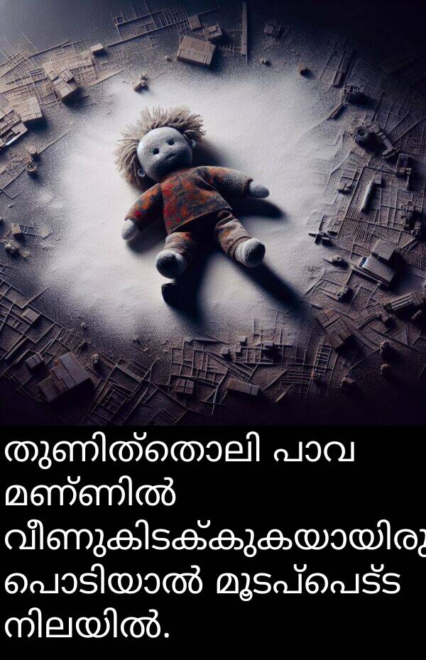 മൂടപ്പെട്ട: തുണിത്തൊലി പാവ മണ്ണിൽ വീണുകിടക്കുകയായിരുന്നു, പൊടിയാൽ മൂടപ്പെട്ട നിലയിൽ.