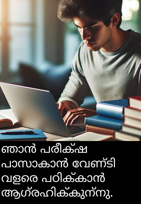 പരീക്ഷ: ഞാൻ പരീക്ഷ പാസാകാൻ വേണ്ടി വളരെ പഠിക്കാൻ ആഗ്രഹിക്കുന്നു.
