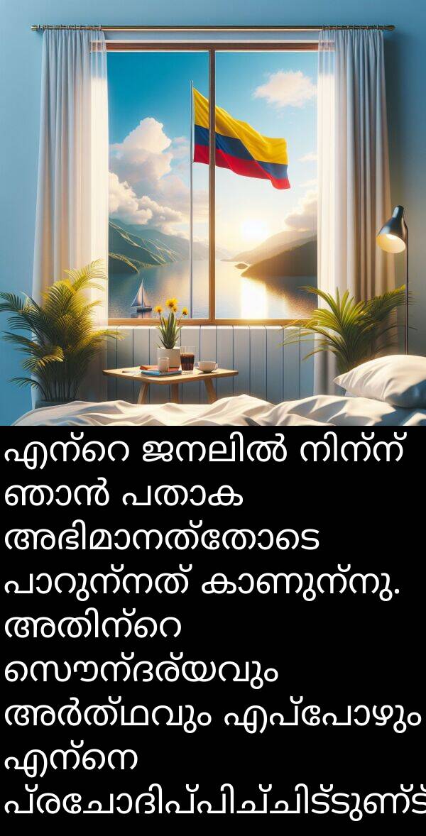 സൌന്ദര്യവും: എന്റെ ജനലിൽ നിന്ന് ഞാൻ പതാക അഭിമാനത്തോടെ പാറുന്നത് കാണുന്നു. അതിന്റെ സൌന്ദര്യവും അർത്ഥവും എപ്പോഴും എന്നെ പ്രചോദിപ്പിച്ചിട്ടുണ്ട്.