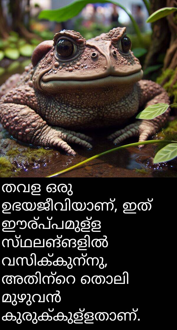 തവള: തവള ഒരു ഉഭയജീവിയാണ്, ഇത് ഈര്പ്പമുള്ള സ്ഥലങ്ങളിൽ വസിക്കുന്നു, അതിന്റെ തൊലി മുഴുവൻ കുരുക്കുള്ളതാണ്.