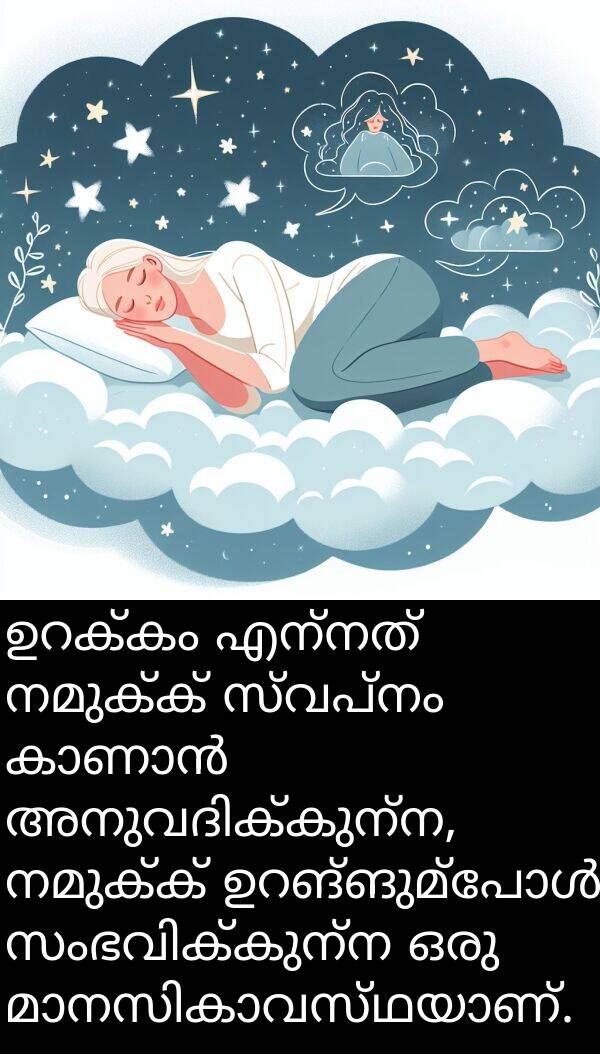 നമുക്ക്: ഉറക്കം എന്നത് നമുക്ക് സ്വപ്നം കാണാൻ അനുവദിക്കുന്ന, നമുക്ക് ഉറങ്ങുമ്പോൾ സംഭവിക്കുന്ന ഒരു മാനസികാവസ്ഥയാണ്.