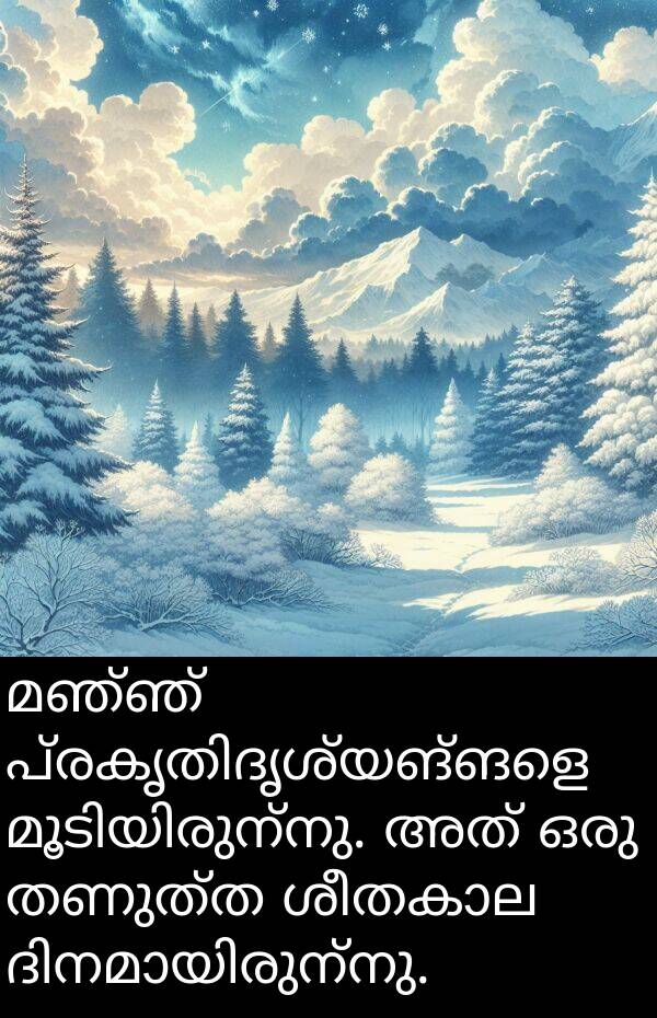 തണുത്ത: മഞ്ഞ് പ്രകൃതിദൃശ്യങ്ങളെ മൂടിയിരുന്നു. അത് ഒരു തണുത്ത ശീതകാല ദിനമായിരുന്നു.