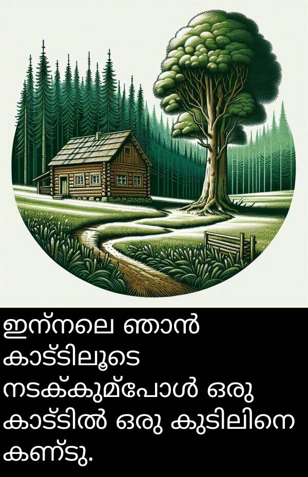 ഇന്നലെ: ഇന്നലെ ഞാൻ കാട്ടിലൂടെ നടക്കുമ്പോൾ ഒരു കാട്ടിൽ ഒരു കുടിലിനെ കണ്ടു.