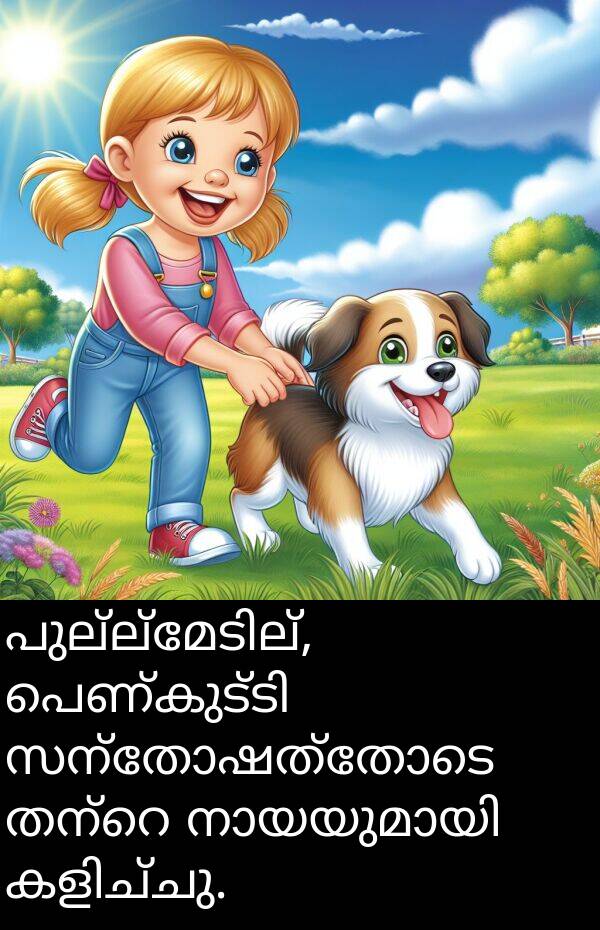 സന്തോഷത്തോടെ: പുല്ല്‍മേടില്‍, പെണ്‍കുട്ടി സന്തോഷത്തോടെ തന്റെ നായയുമായി കളിച്ചു.