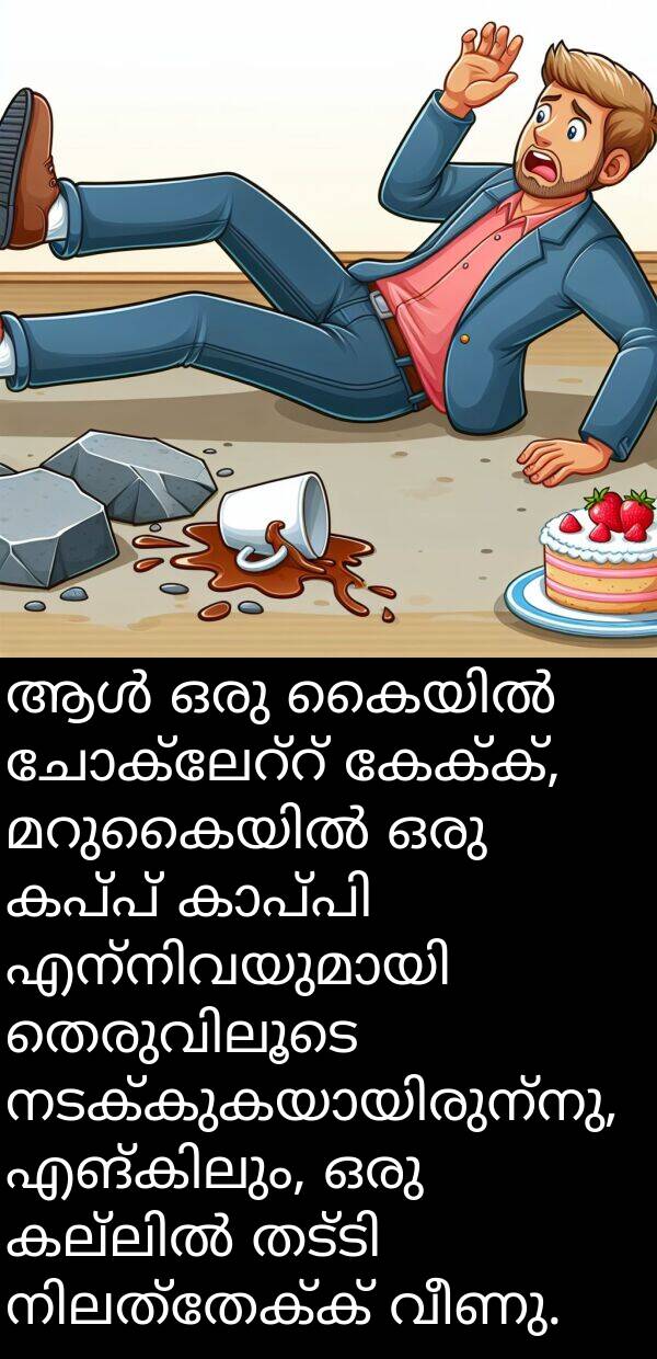 വീണു: ആൾ ഒരു കൈയിൽ ചോക്ലേറ്റ് കേക്ക്, മറുകൈയിൽ ഒരു കപ്പ് കാപ്പി എന്നിവയുമായി തെരുവിലൂടെ നടക്കുകയായിരുന്നു, എങ്കിലും, ഒരു കല്ലിൽ തട്ടി നിലത്തേക്ക് വീണു.