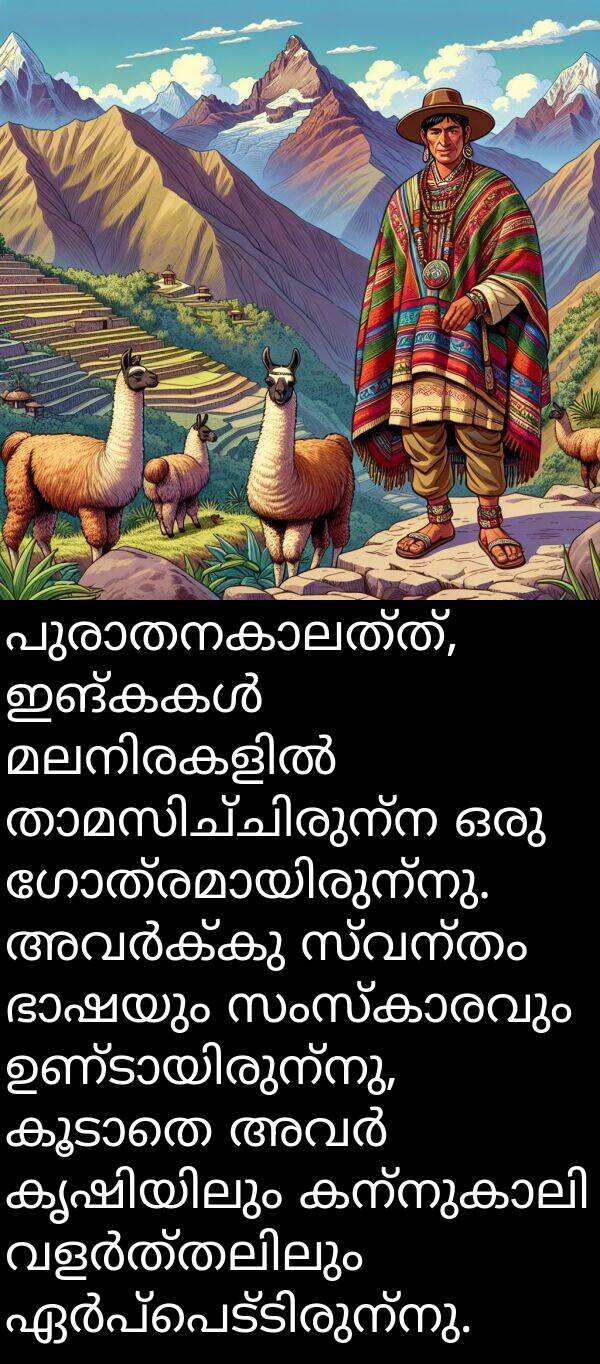 സ്വന്തം: പുരാതനകാലത്ത്, ഇങ്കകൾ മലനിരകളിൽ താമസിച്ചിരുന്ന ഒരു ഗോത്രമായിരുന്നു. അവർക്കു സ്വന്തം ഭാഷയും സംസ്കാരവും ഉണ്ടായിരുന്നു, കൂടാതെ അവർ കൃഷിയിലും കന്നുകാലി വളർത്തലിലും ഏർപ്പെട്ടിരുന്നു.