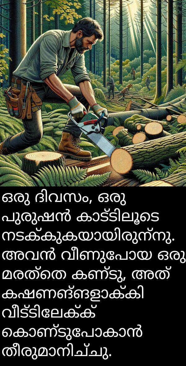 വീണുപോയ: ഒരു ദിവസം, ഒരു പുരുഷൻ കാട്ടിലൂടെ നടക്കുകയായിരുന്നു. അവൻ വീണുപോയ ഒരു മരത്തെ കണ്ടു, അത് കഷണങ്ങളാക്കി വീട്ടിലേക്ക് കൊണ്ടുപോകാൻ തീരുമാനിച്ചു.