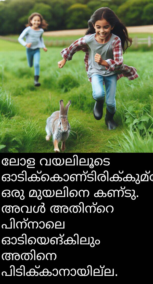 ലോള: ലോള വയലിലൂടെ ഓടിക്കൊണ്ടിരിക്കുമ്പോൾ ഒരു മുയലിനെ കണ്ടു. അവൾ അതിന്റെ പിന്നാലെ ഓടിയെങ്കിലും അതിനെ പിടിക്കാനായില്ല.