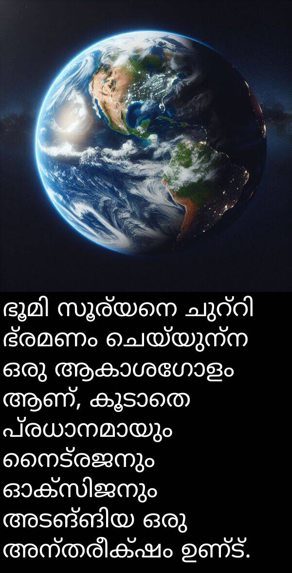 നൈട്രജനും: ഭൂമി സൂര്യനെ ചുറ്റി ഭ്രമണം ചെയ്യുന്ന ഒരു ആകാശഗോളം ആണ്, കൂടാതെ പ്രധാനമായും നൈട്രജനും ഓക്സിജനും അടങ്ങിയ ഒരു അന്തരീക്ഷം ഉണ്ട്.