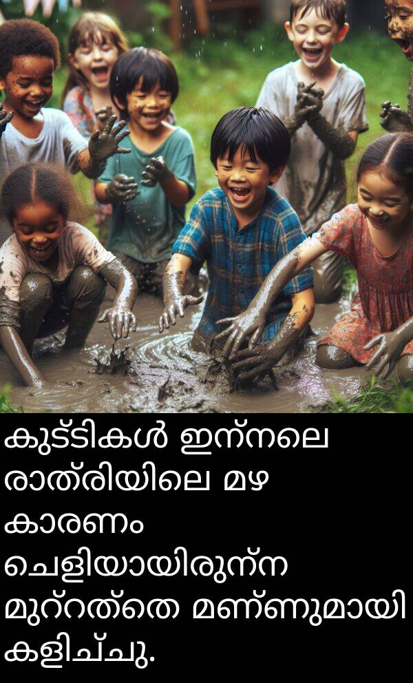 ഇന്നലെ: കുട്ടികൾ ഇന്നലെ രാത്രിയിലെ മഴ കാരണം ചെളിയായിരുന്ന മുറ്റത്തെ മണ്ണുമായി കളിച്ചു.