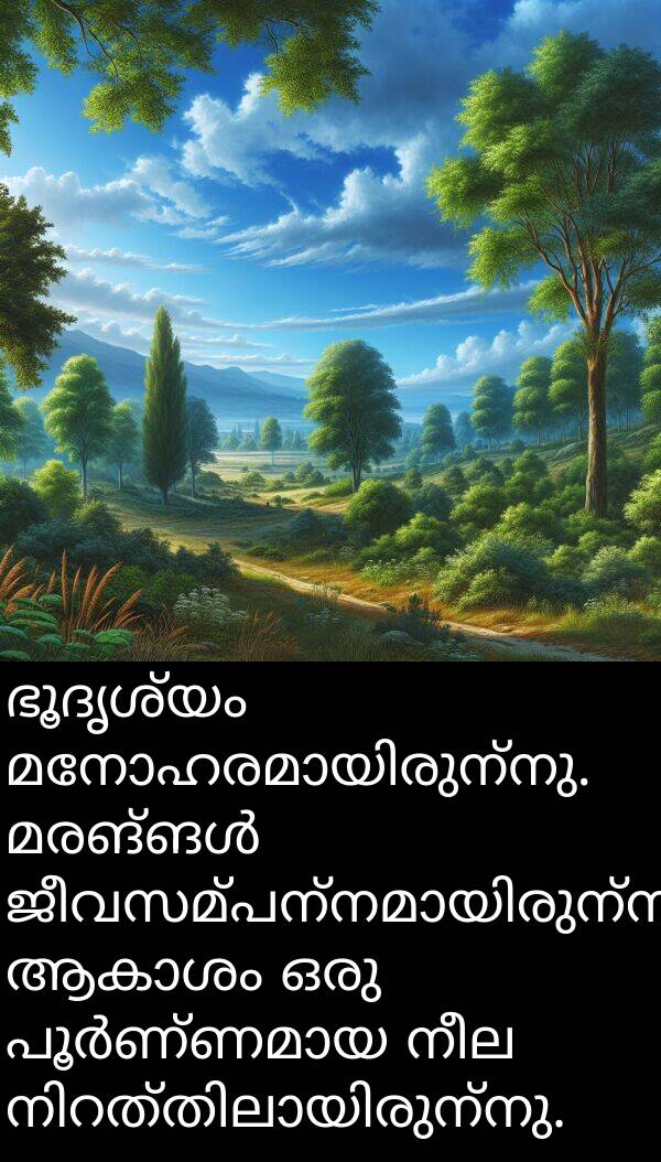 നീല: ഭൂദൃശ്യം മനോഹരമായിരുന്നു. മരങ്ങൾ ജീവസമ്പന്നമായിരുന്നു, ആകാശം ഒരു പൂർണ്ണമായ നീല നിറത്തിലായിരുന്നു.