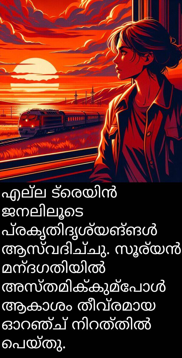 എല്ല: എല്ല ട്രെയിൻ ജനലിലൂടെ പ്രകൃതിദൃശ്യങ്ങൾ ആസ്വദിച്ചു. സൂര്യൻ മന്ദഗതിയിൽ അസ്തമിക്കുമ്പോൾ ആകാശം തീവ്രമായ ഓറഞ്ച് നിറത്തിൽ പെയ്തു.