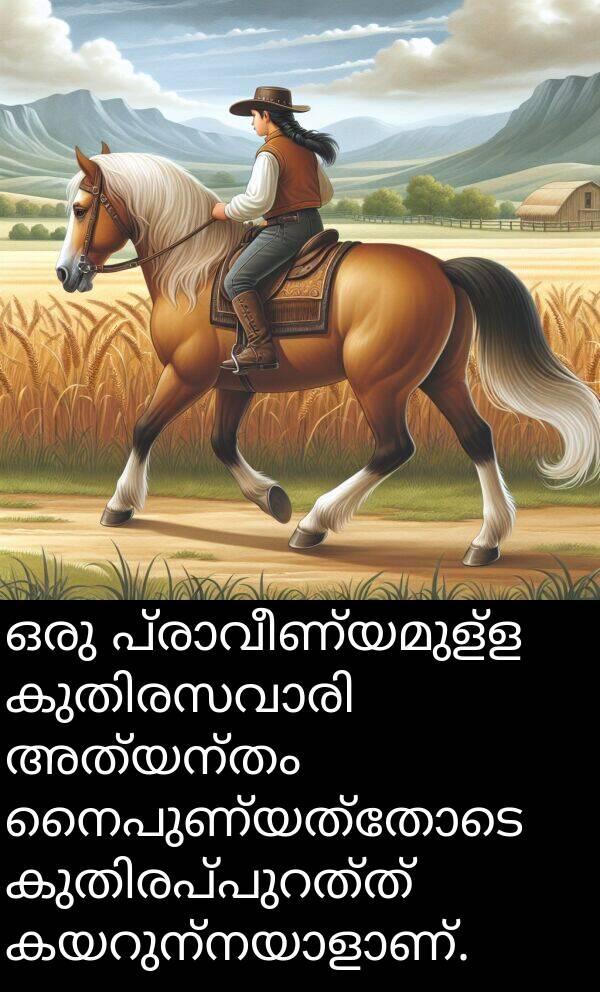 നൈപുണ്യത്തോടെ: ഒരു പ്രാവീണ്യമുള്ള കുതിരസവാരി അത്യന്തം നൈപുണ്യത്തോടെ കുതിരപ്പുറത്ത് കയറുന്നയാളാണ്.
