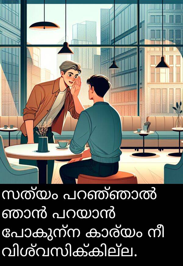 പോകുന്ന: സത്യം പറഞ്ഞാൽ ഞാൻ പറയാൻ പോകുന്ന കാര്യം നീ വിശ്വസിക്കില്ല.