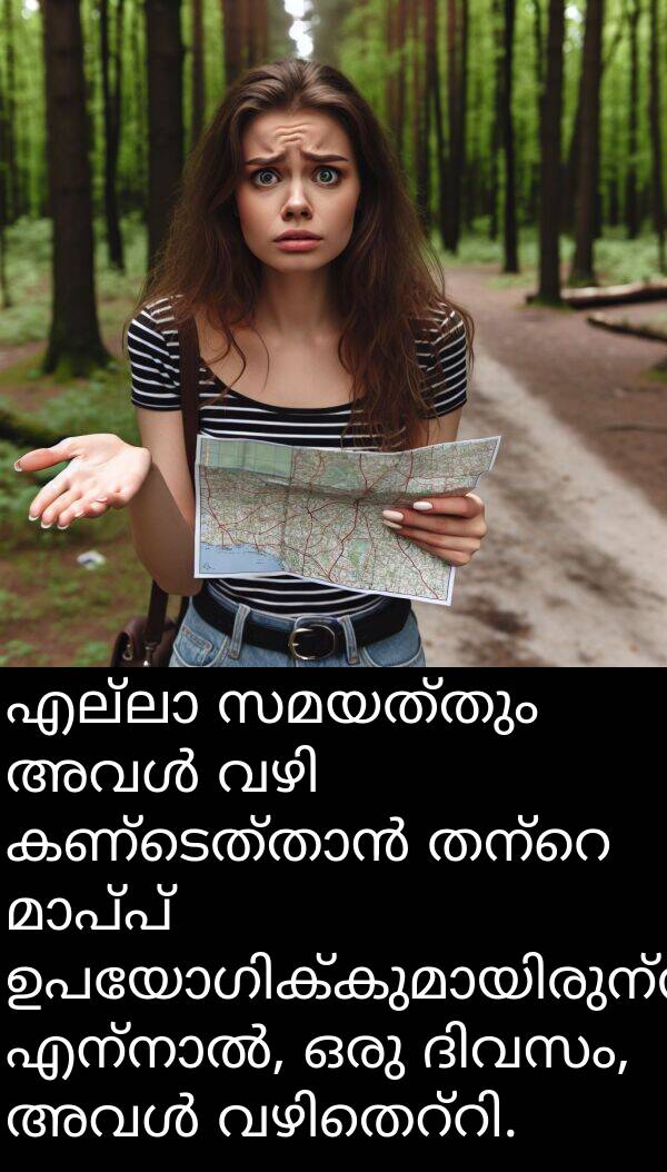 സമയത്തും: എല്ലാ സമയത്തും അവൾ വഴി കണ്ടെത്താൻ തന്റെ മാപ്പ് ഉപയോഗിക്കുമായിരുന്നു. എന്നാൽ, ഒരു ദിവസം, അവൾ വഴിതെറ്റി.