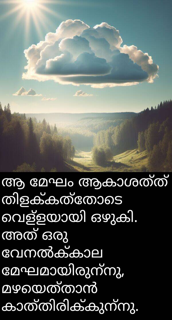 മേഘം: ആ മേഘം ആകാശത്ത് തിളക്കത്തോടെ വെള്ളയായി ഒഴുകി. അത് ഒരു വേനൽക്കാല മേഘമായിരുന്നു, മഴയെത്താൻ കാത്തിരിക്കുന്നു.
