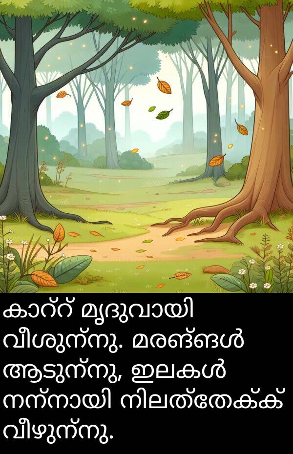 വീശുന്നു: കാറ്റ് മൃദുവായി വീശുന്നു. മരങ്ങൾ ആടുന്നു, ഇലകൾ നന്നായി നിലത്തേക്ക് വീഴുന്നു.