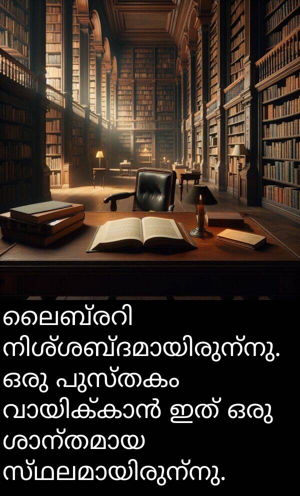 പുസ്തകം: ലൈബ്രറി നിശ്ശബ്ദമായിരുന്നു. ഒരു പുസ്തകം വായിക്കാൻ ഇത് ഒരു ശാന്തമായ സ്ഥലമായിരുന്നു.