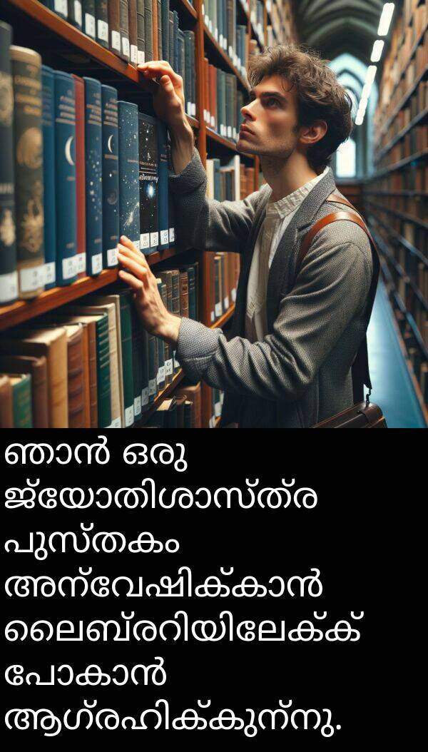 പുസ്തകം: ഞാൻ ഒരു ജ്യോതിശാസ്ത്ര പുസ്തകം അന്വേഷിക്കാൻ ലൈബ്രറിയിലേക്ക് പോകാൻ ആഗ്രഹിക്കുന്നു.