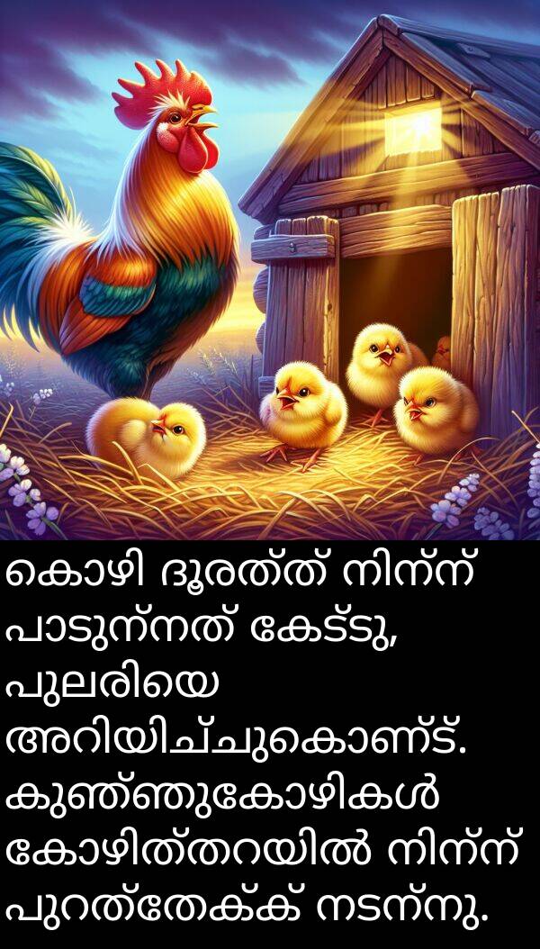 നടന്നു: കൊഴി ദൂരത്ത് നിന്ന് പാടുന്നത് കേട്ടു, പുലരിയെ അറിയിച്ചുകൊണ്ട്. കുഞ്ഞുകോഴികൾ കോഴിത്തറയിൽ നിന്ന് പുറത്തേക്ക് നടന്നു.