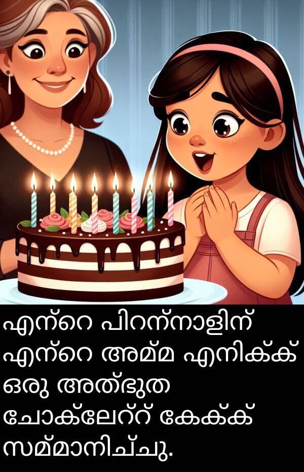 അമ്മ: എന്റെ പിറന്നാളിന് എന്റെ അമ്മ എനിക്ക് ഒരു അത്ഭുത ചോക്ലേറ്റ് കേക്ക് സമ്മാനിച്ചു.