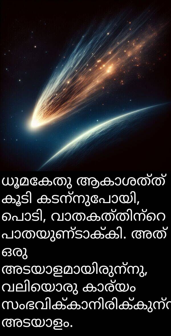 ധൂമകേതു: ധൂമകേതു ആകാശത്ത് കൂടി കടന്നുപോയി, പൊടി, വാതകത്തിന്റെ പാതയുണ്ടാക്കി. അത് ഒരു അടയാളമായിരുന്നു, വലിയൊരു കാര്യം സംഭവിക്കാനിരിക്കുന്നതിന്റെ അടയാളം.