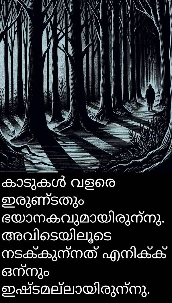 ഒന്നും: കാടുകൾ വളരെ ഇരുണ്ടതും ഭയാനകവുമായിരുന്നു. അവിടെയിലൂടെ നടക്കുന്നത് എനിക്ക് ഒന്നും ഇഷ്ടമല്ലായിരുന്നു.