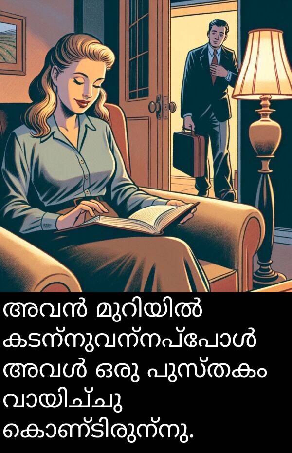 പുസ്തകം: അവൻ മുറിയിൽ കടന്നുവന്നപ്പോൾ അവൾ ഒരു പുസ്തകം വായിച്ചു കൊണ്ടിരുന്നു.
