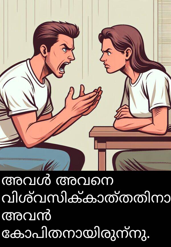 അവനെ: അവൾ അവനെ വിശ്വസിക്കാത്തതിനാൽ അവൻ കോപിതനായിരുന്നു.