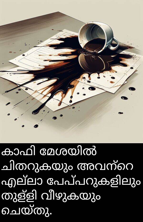 ചെയ്തു: കാഫി മേശയിൽ ചിതറുകയും അവന്റെ എല്ലാ പേപ്പറുകളിലും തുള്ളി വീഴുകയും ചെയ്തു.